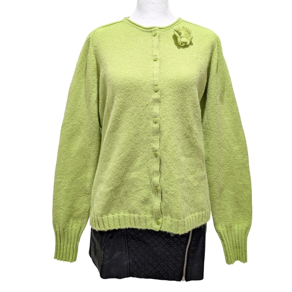 VTG Gap Lime‎ Green Wool Blend Button Front Cardigan Flower Brooch Grannycore L